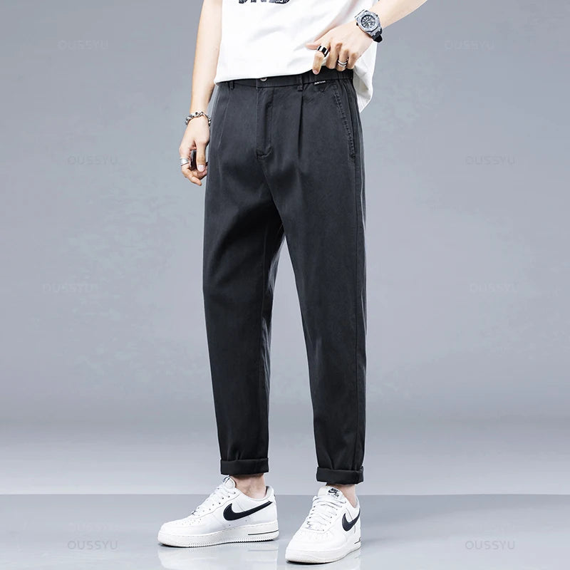 Casual Pants Men Thin Slim Elastic Waist Jogger Work Trousers