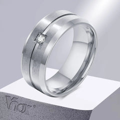 8mm Men's Band CZ Stone Stainless Steel Line Ring Simple Casual