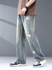 Star Print Design Men's Jeans Cotton Straight Denim Pants Style Streetwear