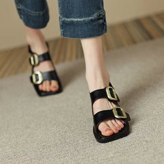 Summer French Retro Roman Sandals Square Toe Low Heel