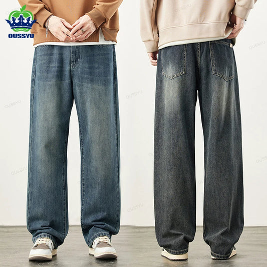 Fabric Jeans Thick Loose Wide Leg Pants Straight Casual Trousers Plus Size