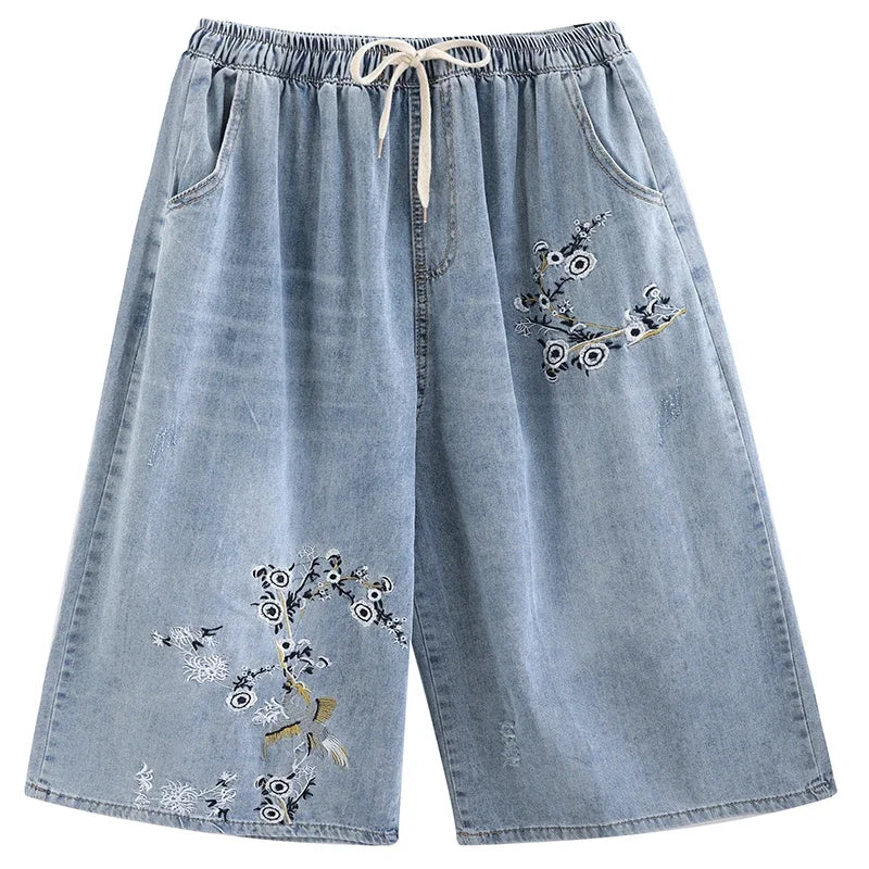 High Waist Wide Leg Jean Retro Ethnic Style Embroidery Floral