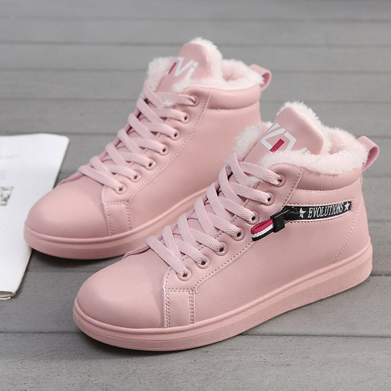 Ankle Boots Warm PU Plush  Sneakers Flats Lace Up