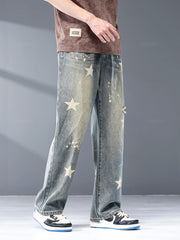 Star Print Design Men's Jeans Cotton Straight Denim Pants Style Streetwear