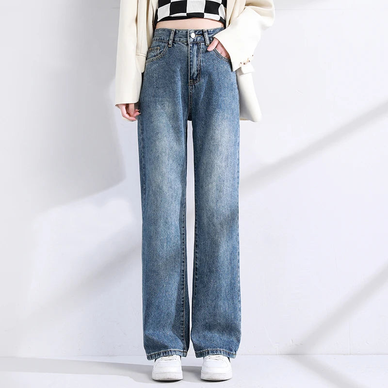 Womens Jeans High Waist Vintage Straight Baggy Denim Pants