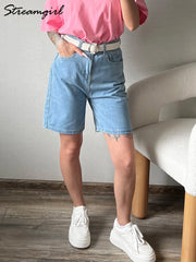 High Waist Long Denim Shorts Streetwear