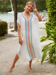 Embroidered Kaftan Retro V-neck White Dress Plus Size