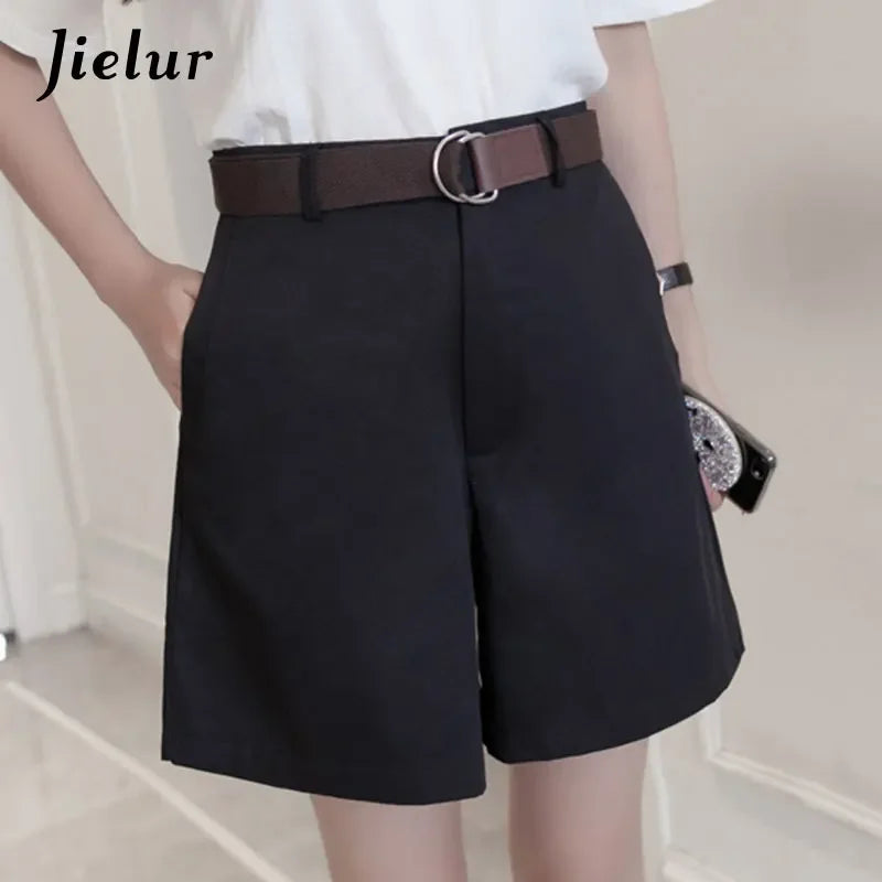 Shorts All-match 4 Solid Color Sashes Casual Shorts A-line High Waist