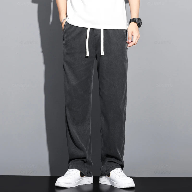 Summer Men's Jeans Thin Loose Straight Pants Drawstring Elastic Waist