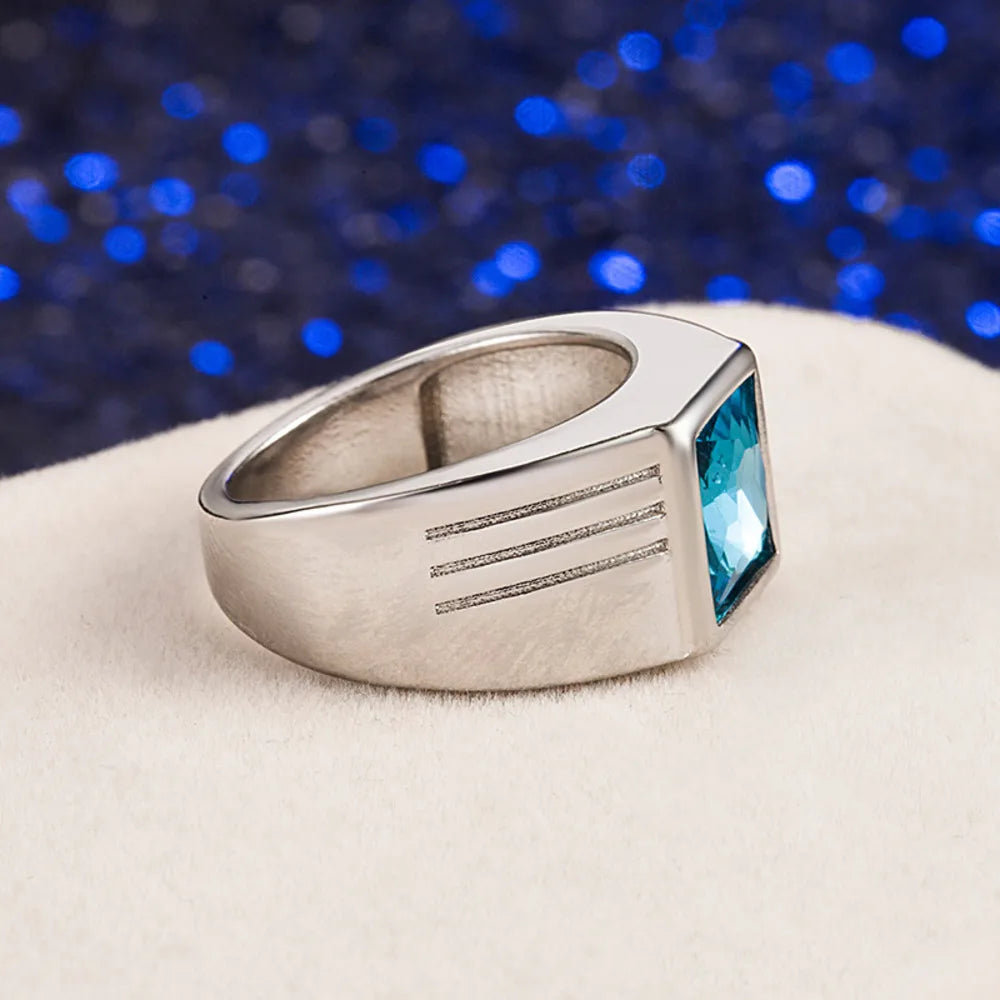 Trendy Men's Ring Blue Topaz Sterling Silver Finger Ring Fashion