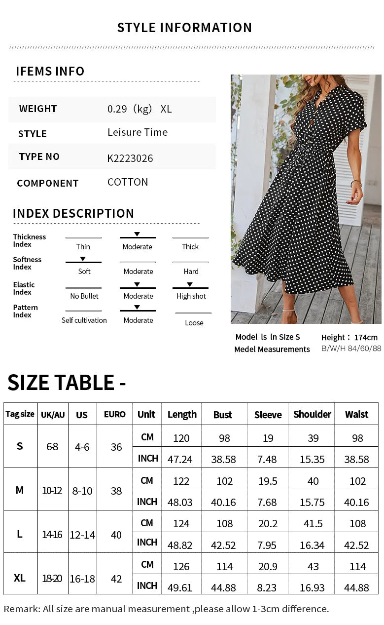 Polka Dot Print Shirt Dress Women Casual Midi Summer Dress