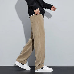 Stretch Stripe Corduroy Pants Thick Elastic Waist Baggy Straight Jogger Trousers