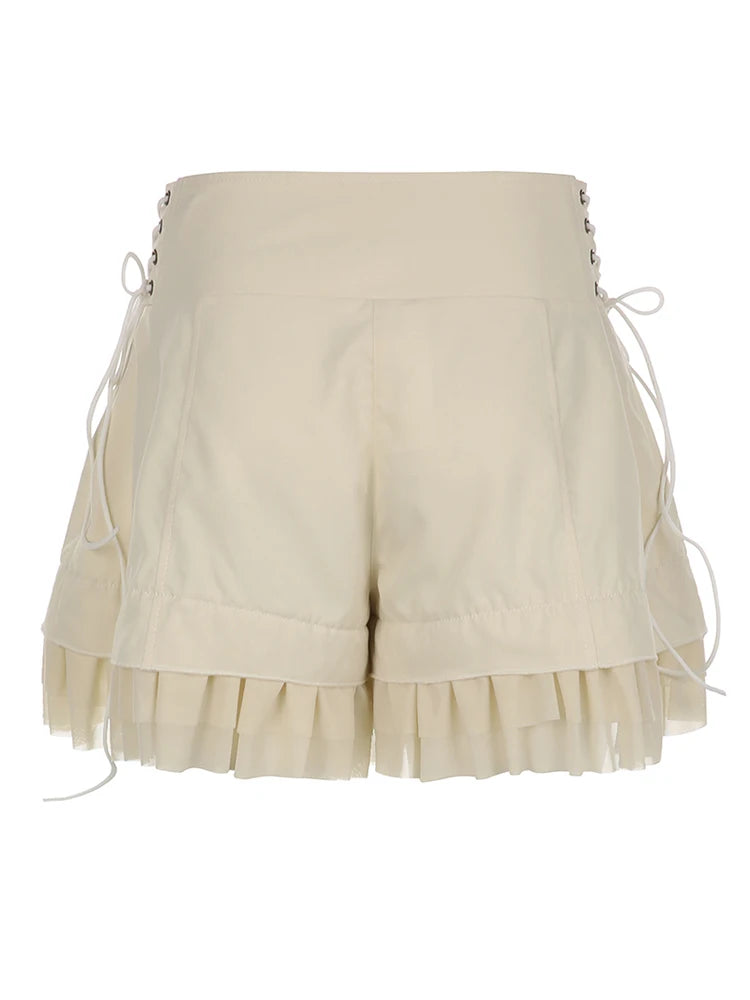 Ruffles Shorts Baggy Button Up High Waist Side Bandage Vintage