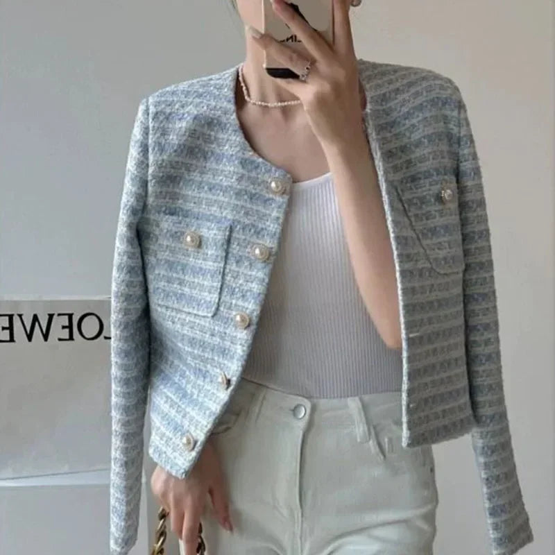 Women Tweed Coat Fashion Single Breasted Cropped Jacket