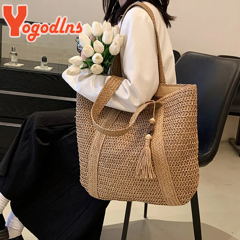 Design Straw Woven Tote Bag Casual Large Capacity Tassel Handbags