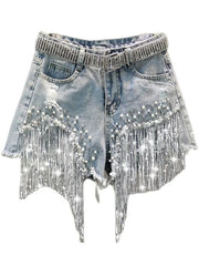 Summer Lady Tassel Beading High Waist Wide Leg Denim Shorts