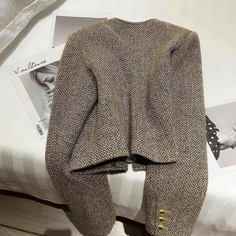 Jacket Style Simple Tweed Coat Chic Single-Breasted O-Neck Outerwear