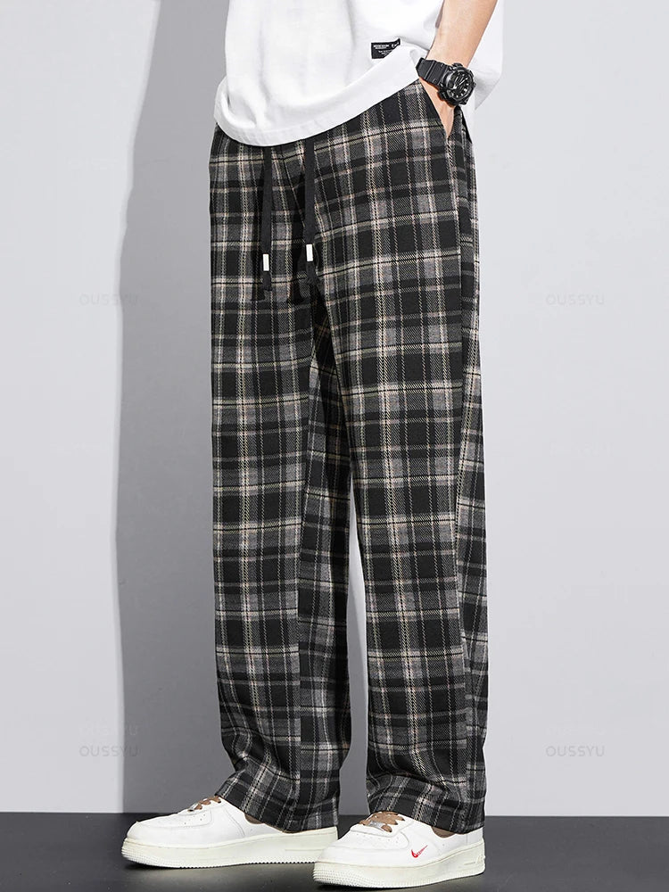 Classics Plaid Casual Pants Loose Straight Wide Leg Elastic Waist Jogger