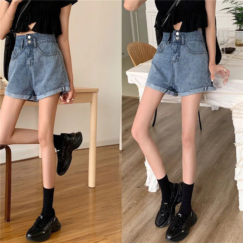 Summer Women Wide Leg Jeans Shorts High Waist Buttons