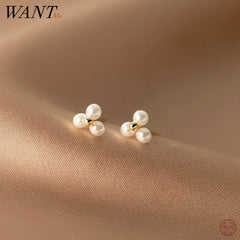 Silver Classic Simple Three Synthetic Pearl Small Stud Earrings