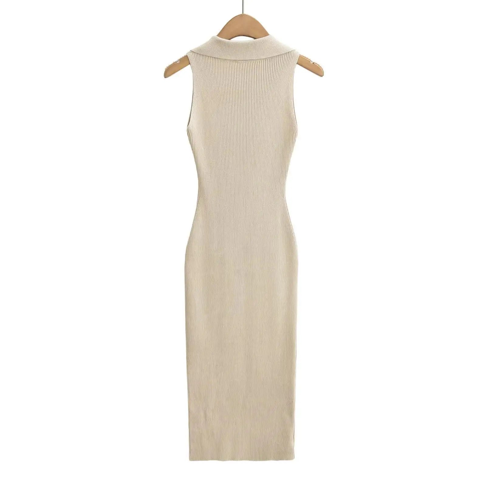 Women Turn-down Buttons Collar Sleeveless Khaki Midi Dress