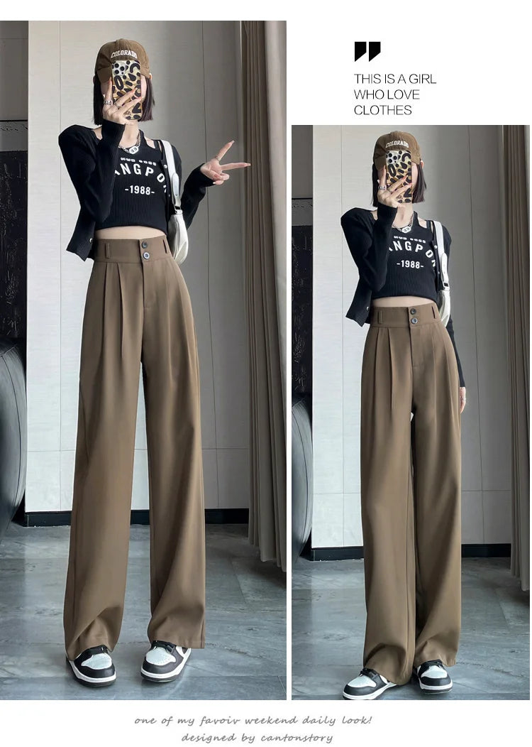 Women'S Loose High Waist Wide Legs Slim Casual Trousers