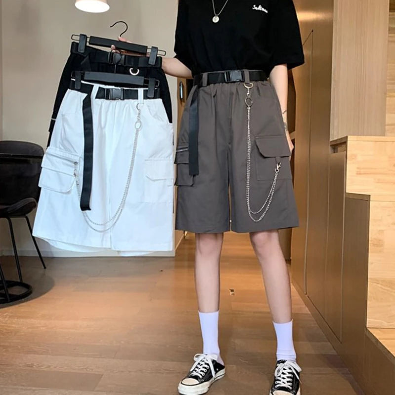 Harajuku Chain Cargo Shorts Big Pockets Wide Leg