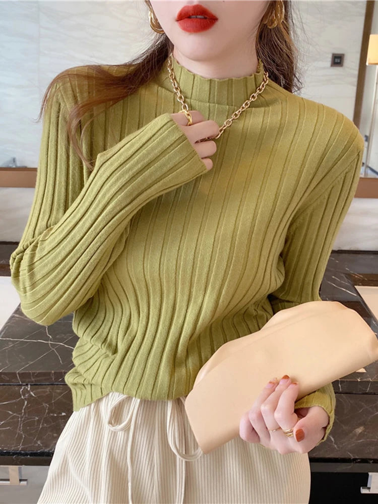 Autumn Winter Knitted Ribbed Turtleneck Sweater Clothes