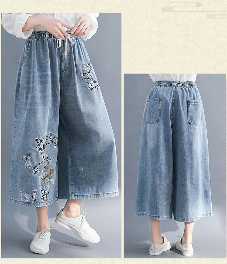 High Waist Wide Leg Jean Retro Ethnic Style Embroidery Floral