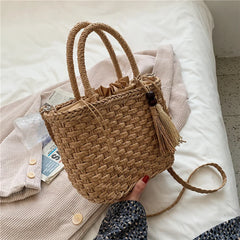 Fashion Tassel Straw Handbag Beach Hand-Woven Rattan Purse