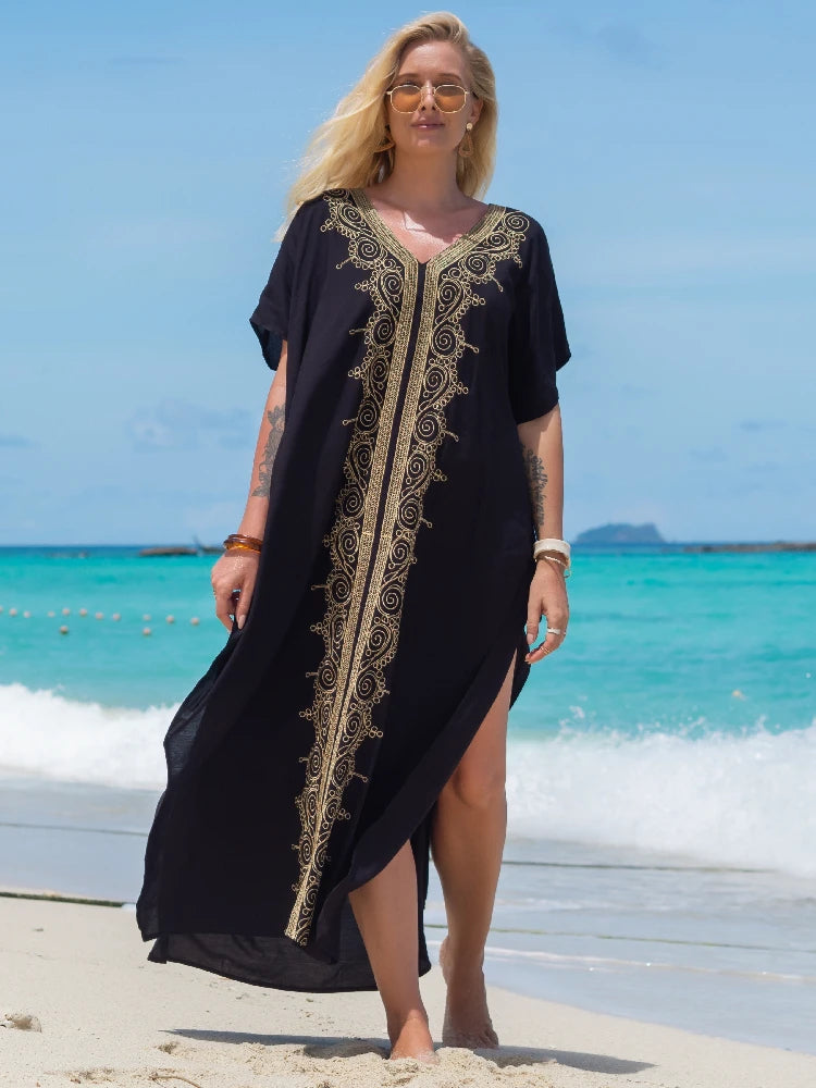 Embroidered Kaftan Long Black Tunic Loose Maxi Dress