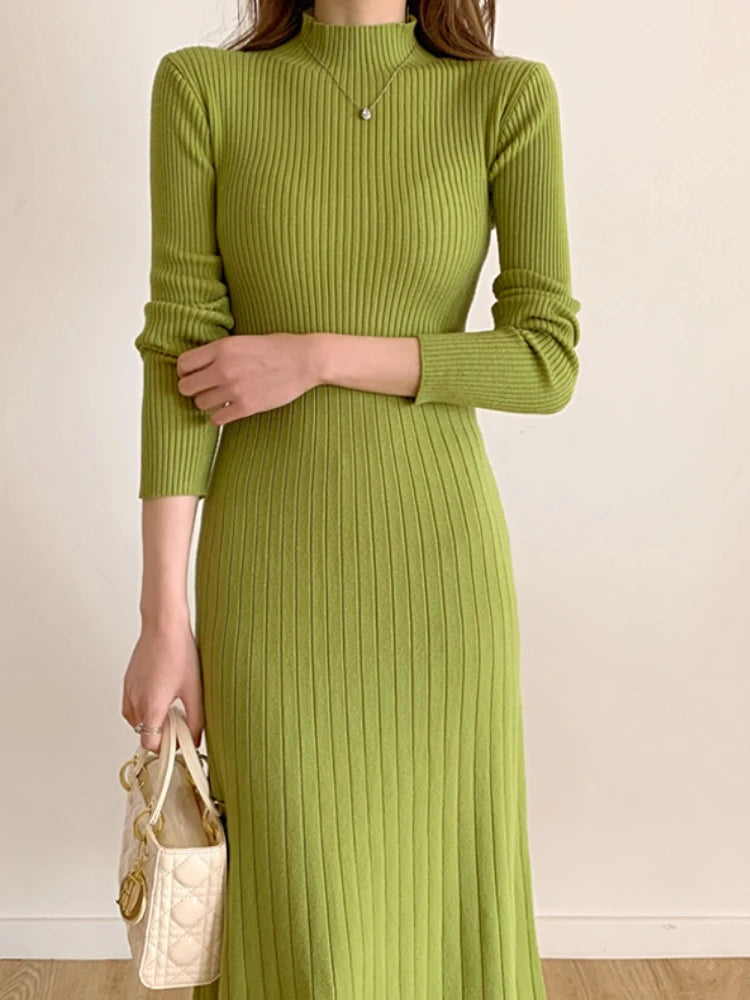 Long Sleeve Midi Knitted Half High Collar Elegant Knitted Sweater Dresses