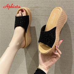 Crystals Summer 6cm Grain Wedge Heels Slippers