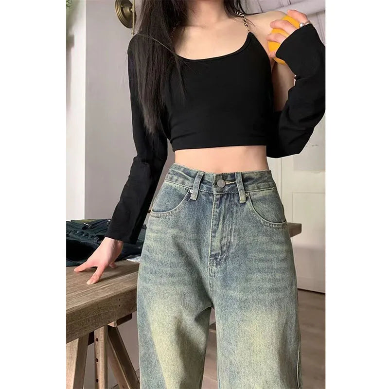 Vintage 90S Baggy Straight Denim Trousers Y2K High Waist Loose Wide Leg Jeans