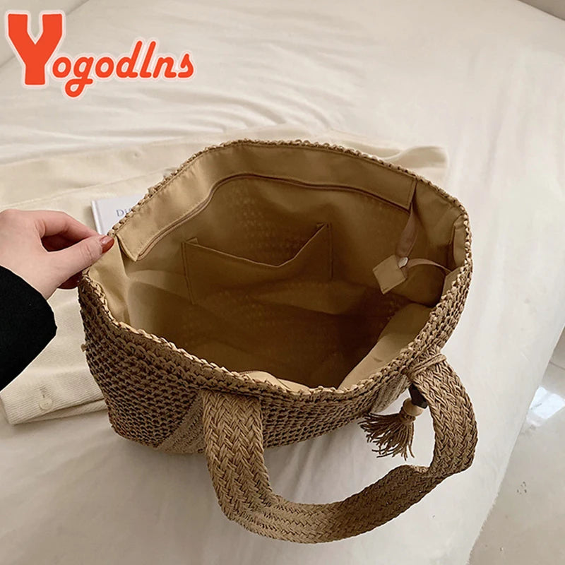 Design Straw Woven Tote Bag Casual Large Capacity Tassel Handbags