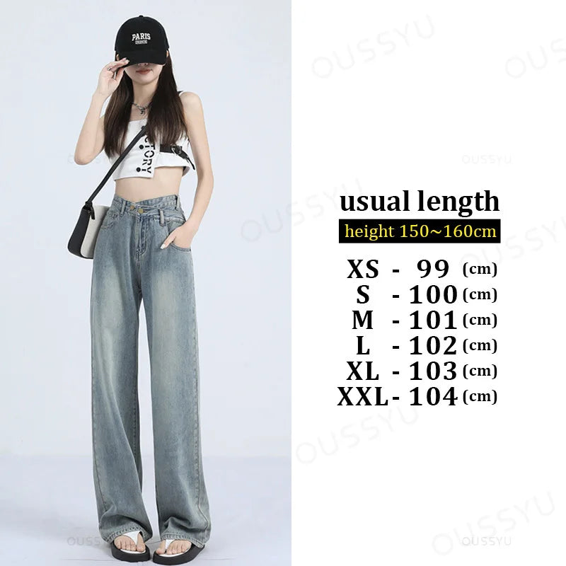 Woman Jeans Thin Loose Wide Leg Straight High Waisted Pant