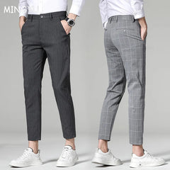 Plaid Stripe Ankle Length Men Business Long Length Pant