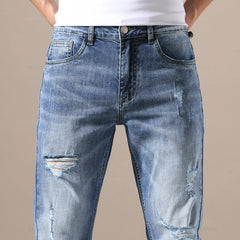 Men Jeans Slim Fit Skinny Denim Elastic Ripped Hole Pant