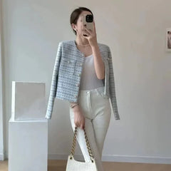 Women Tweed Coat Fashion Single Breasted Cropped Jacket