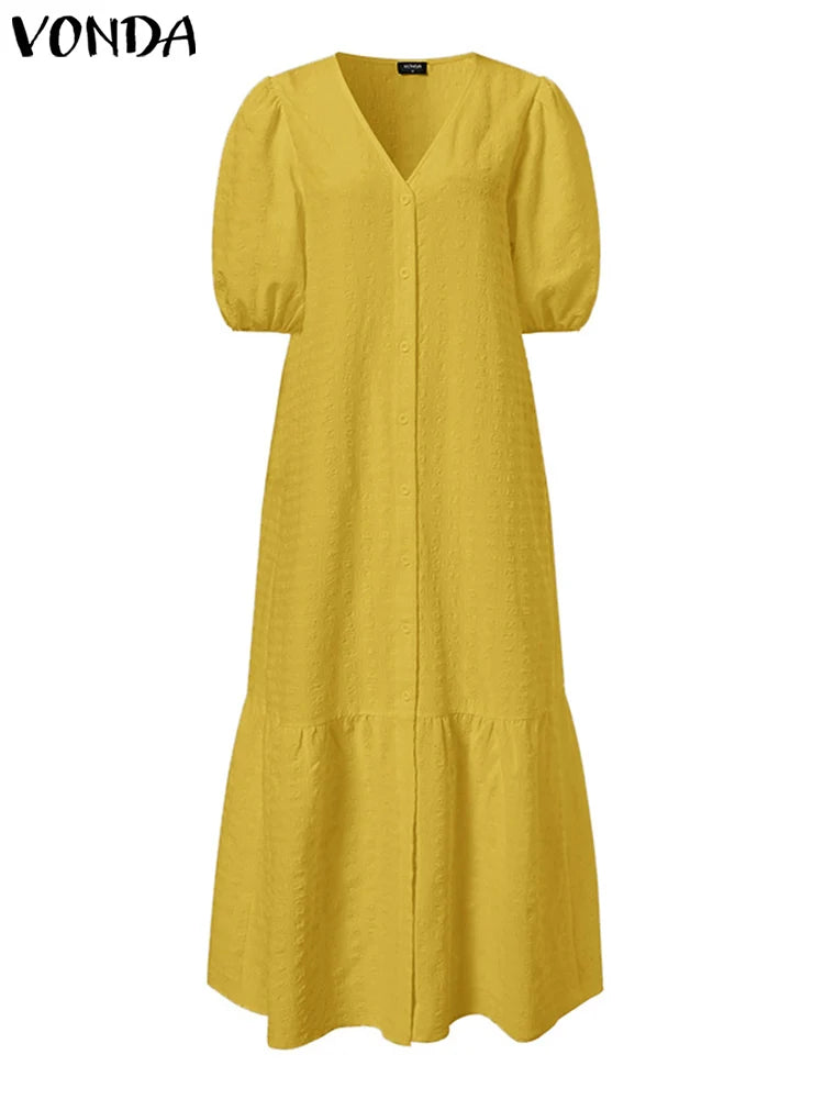 Summer Casual Solid Color Robe V Neck Puff Sleeve Stylish Maxi Sundress