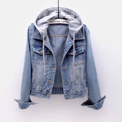 Denim Jacket Woman Hooded Short Style Clothing Retro Long Sleeved