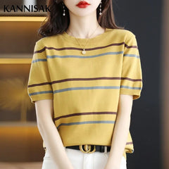 Women Short Sleeve O-neck Knit Tops Stripe Fashion Pullover