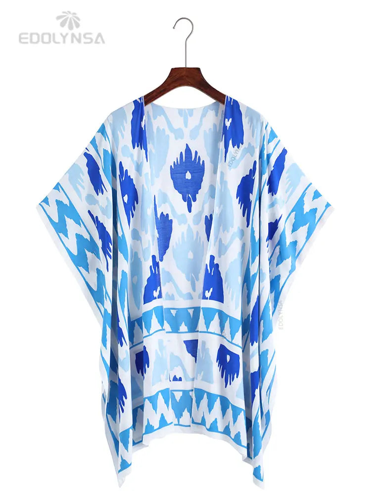 Blue Boho Printed Bikini Cover-ups Ankle Length Kimono