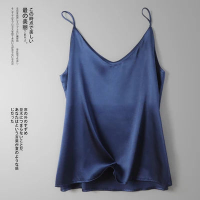 Summer Tank Tops Silk V-neck Ladies Camis Solid Casual Basic