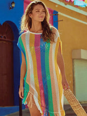 Stripe Tassel Casual Short Sleeve Knitting Bikini Cover-ups