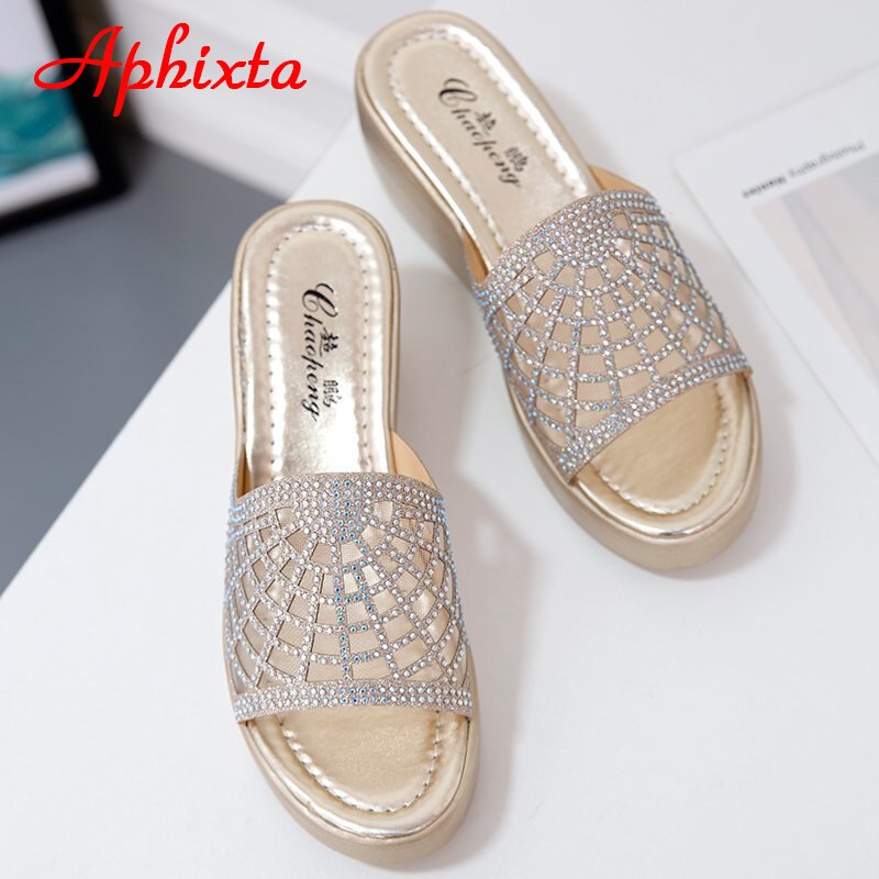 Wedge Heels Slides Women Slippers Platform Bling Crystals