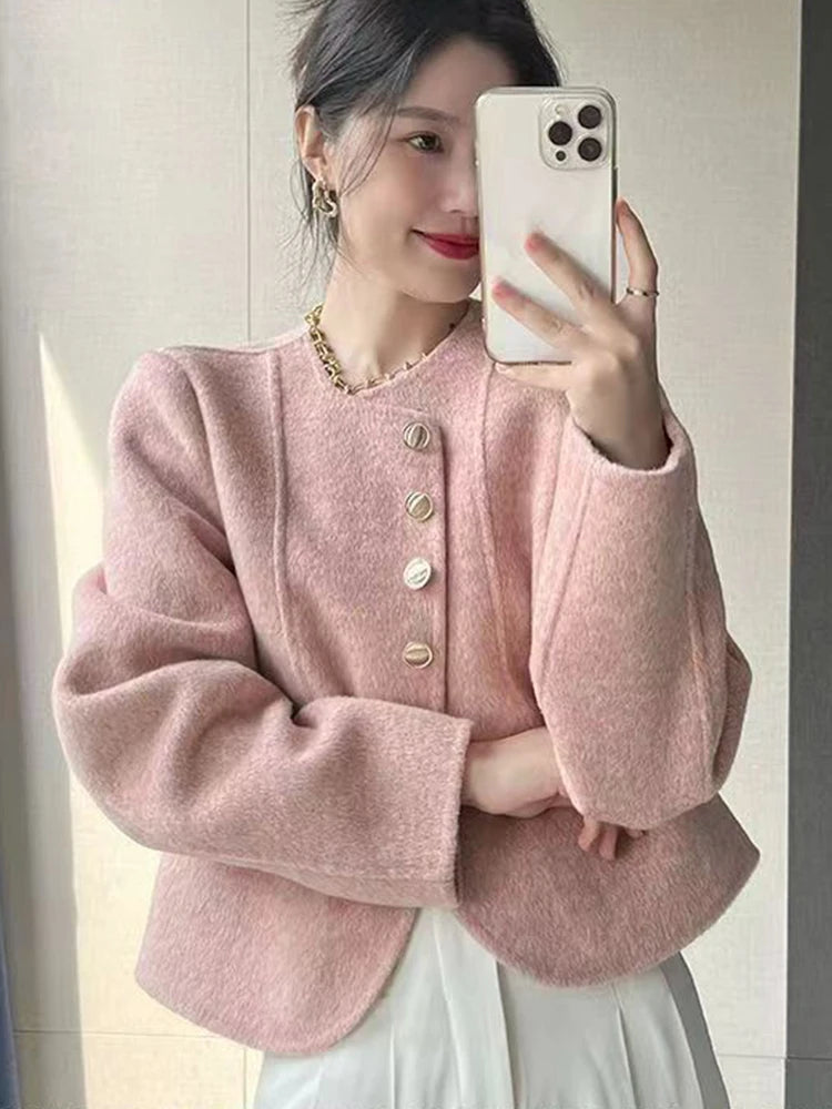 French Elegant Tweed Jacket Fashion Sweet Single Breasted Coat