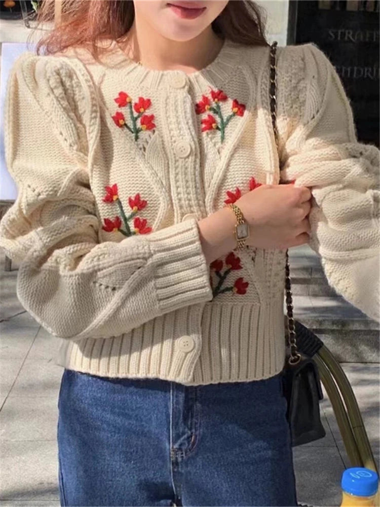 Vintage Floral Fashion Knitting Cardigans Short Tops