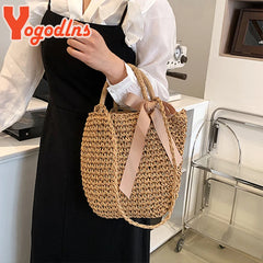 Handmade Straw Bags Ribbons Bowknot Beach Knitting Handbags