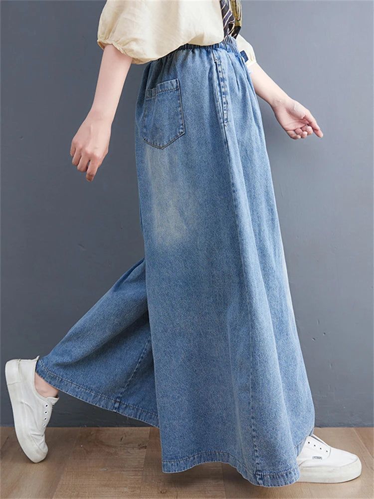 Fashion Elastic Waist Loose Casual Jeans Streetwear Wide Leg Vintage